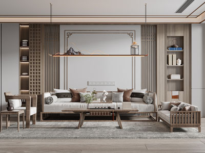 新中式客厅、实木组合沙发