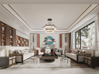 新中式客厅、多人沙发茶几组合