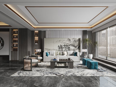 新中式客厅、组合沙发、方形茶几