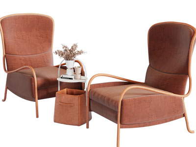 现代复古单人沙发、边几3d模型 现代复古单人沙发、边几