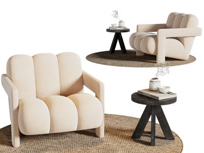 侘寂风单人沙发、边几3d模型 侘寂风单人沙发、边几