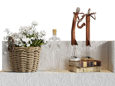 现代古旧书籍、花篮花卉摆件组合