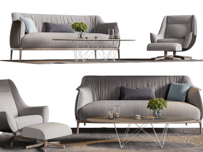现代布艺多人、单人沙发和茶几组合