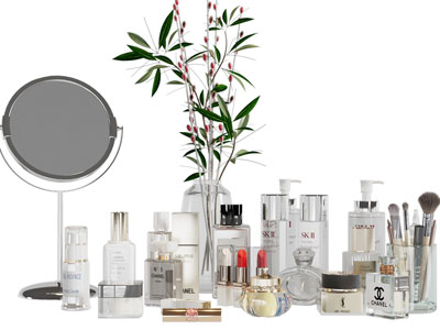 现代瓶装乳液、香水、镜子化妆品