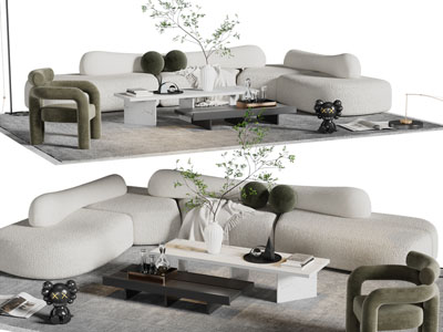 侘寂风转角多人沙发、休闲椅子和茶几组合