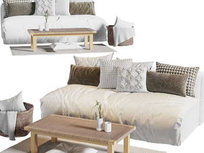 现代布艺无扶手的双人沙发、茶几组合