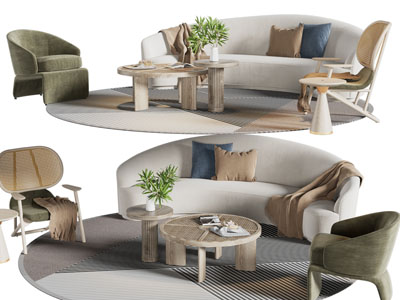 侘寂风多人沙发、休闲椅子和茶几组合