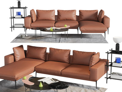 现代皮质转角多人沙发、茶几组合
