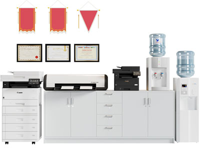 现代办公文件收纳柜、打印机和饮水机