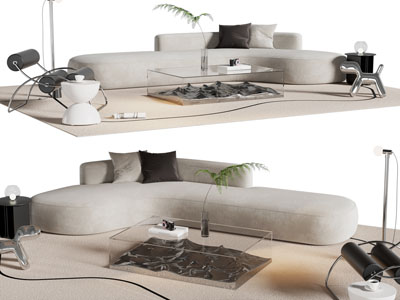 侘寂风多人沙发、休闲椅子和茶几组合