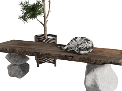 侘寂风石头支撑的实木长凳子