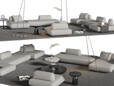 现代灰色多人、单人沙发和茶几组合