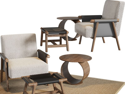 侘寂风休闲沙发椅、脚踏、边几3d模型 侘寂风休闲沙发椅、脚踏、边几