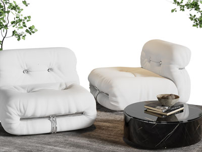 侘寂风白色单人沙发、茶几3d模型 侘寂风白色单人沙发、茶几