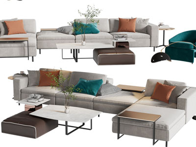 现代转角三人、单人沙发和茶几组合