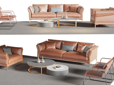 现代皮质双人、单人沙发、休闲椅子和茶几组合