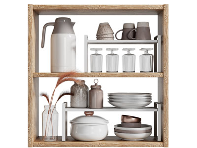 现代收纳架上的碗盘茶具杯子