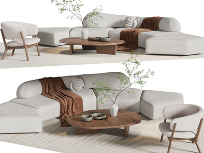 现代弧形多人沙发、休闲椅子和茶几组合