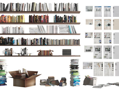 现代墙面搁板书架、书籍