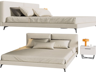 现代白色双人床、床头柜