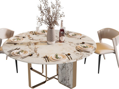 新中式圆形大理石餐桌椅组合