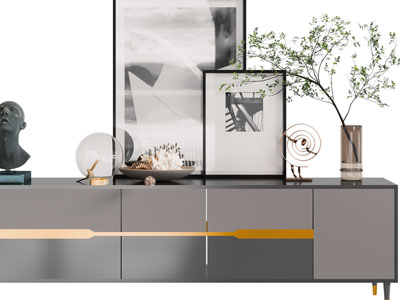 新中式电视柜、花瓶花卉和装饰画摆件组合