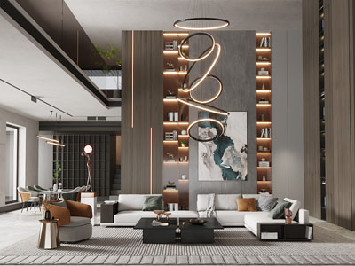 新中式别墅挑高客厅餐厅