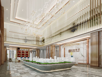 现代售楼处大堂前台接待区、沙盘