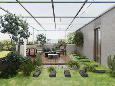 新中式阳光房、景观小品