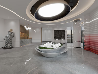 现代售楼处大堂前台接待、沙盘