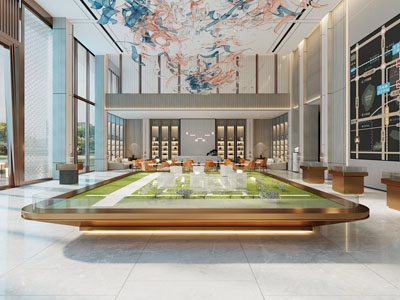 新中式售楼处大厅接待区、沙盘