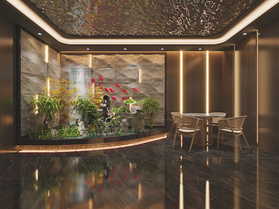 新中式大厅、室内景观小品