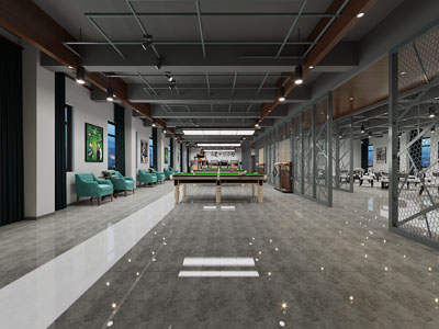 工业风台球室、健身房