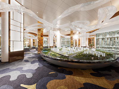 现代售楼处大堂前台接待区、沙盘