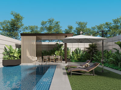 现代带游泳池的庭院景观园艺小品