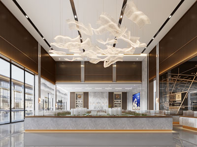 新中式售楼处大堂前台接待区、沙盘