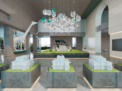 现代售楼处大堂前台接待区、沙盘