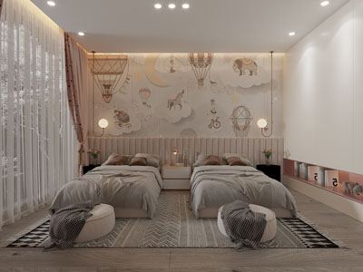 现代儿童房、两张单人床卧室