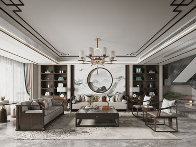 新中式客厅、楼梯间