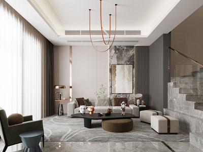 现代别墅挑高客厅、楼梯间