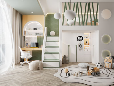 现代儿童房、上床卧室