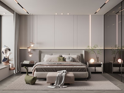 现代卧室、双人床