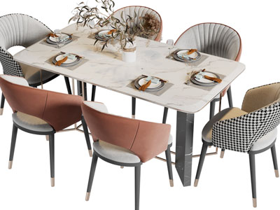 现代长方形大理石餐桌椅组合