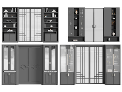 新中式带有装饰柜的推拉门