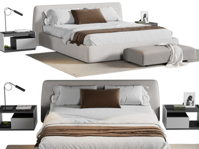 现代布艺双人床、床头柜