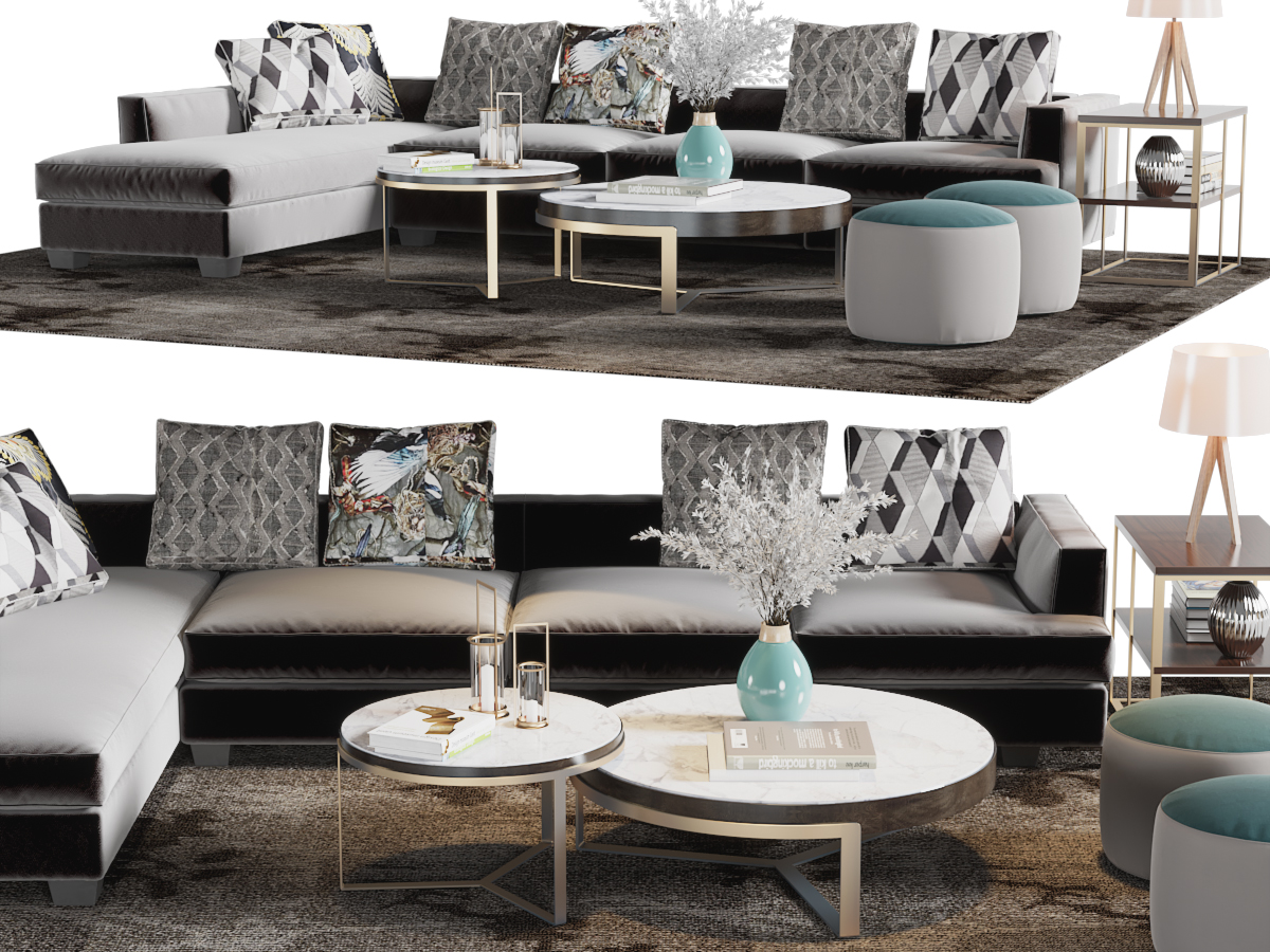 现代轻奢多人沙发、坐墩和圆形茶几组合