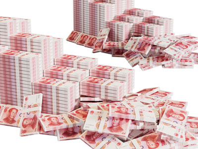 摞在一起的百元人民币、钱币