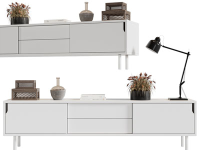现代白色电视柜、摆件组合