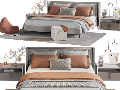 现代双人床、床头柜