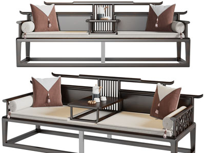 新中式实木罗汉床、双人沙发3d模型 新中式实木罗汉床、双人沙发